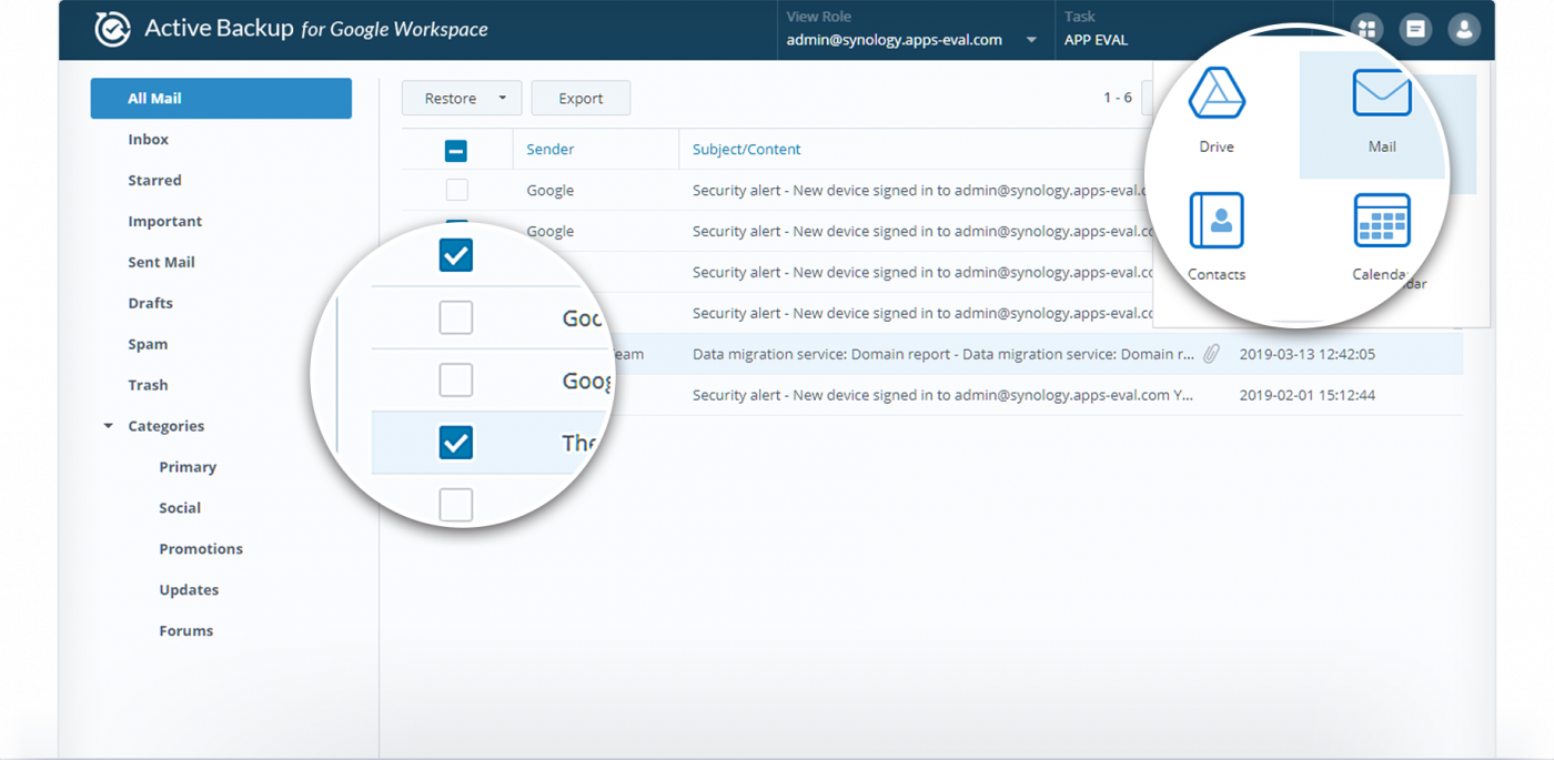 Giao diện chính của Active Backup for Google Workspace