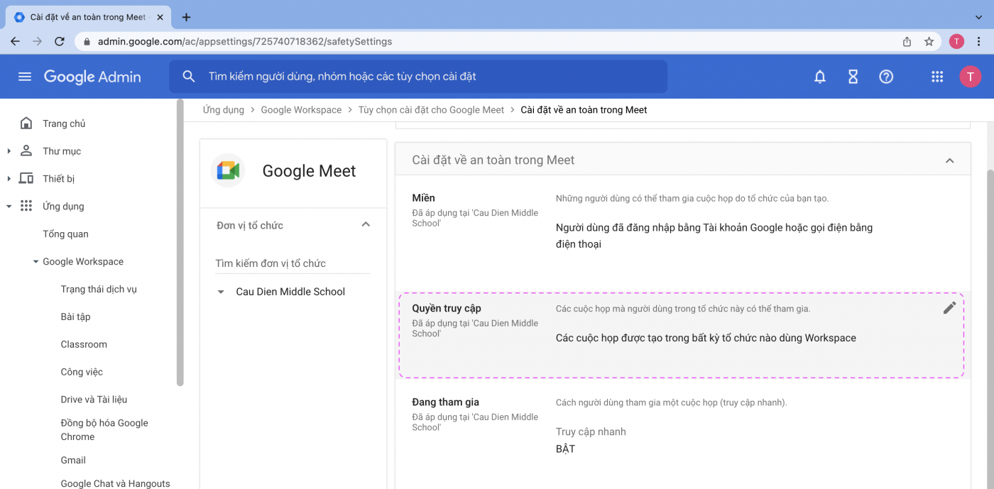 Cài đặt quyền truy cập trong Google Meet