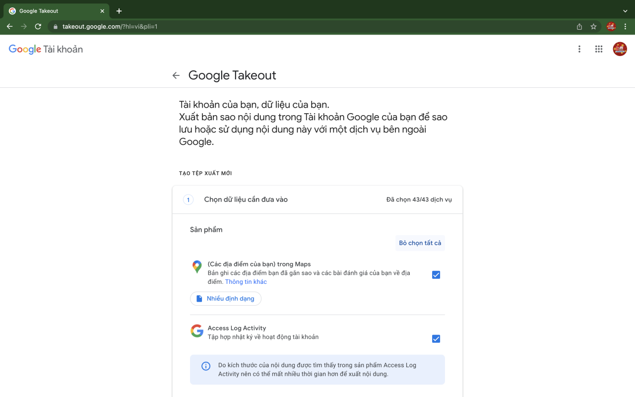 Sao lưu tài khoản Gmail bằng Google Takeout