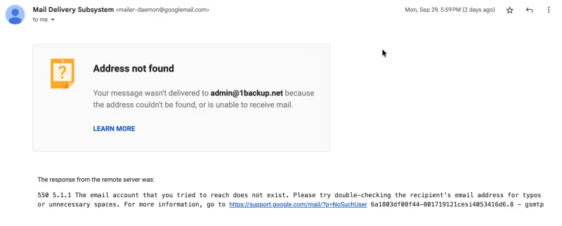 Thông báo lỗi 550 5.1.1 khi Catch-all email Google Workspace sai cách