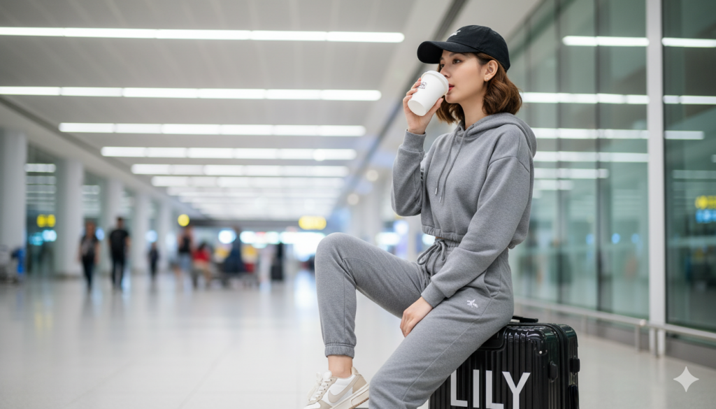 khuôn mặt dựa trên ảnh tham khảo). Đảm bảo khuôn mặt vẫn nhất quán 100% với người trong ảnh đã tải lên, không thay đổi cấu trúc khuôn mặt, mắt, mũi, miệng, tông màu da hoặc kiểu tóc. Chất lượng ảnh 8k. Cinematic realism. Độ chân thực đẳng cấp chuyên nghiệp, màu sắc rực rỡ, chủ thể được lấy nét sắc nét, độ phân giải 8K, tỷ lệ khung hình 9:16.Tạo cho tôi ảnh với miêu tả như sau. Góc chụp rõ mặt cô ấy
Chi tiết máy ảnh: Góc máy và ống kính:
Chụp chân dung bằng ống kính 85mm f/1.4, ngang tầm mắt, hơi nghiêng . Chủ thể được lấy nét sắc nét, hậu cảnh hơi mờ (bokeh), ánh sáng tự nhiên chân thực, mang lại chiều sâu và chiều sâu cho hình ảnh như Một cô gái ngồi dựa vào vali màu đen in chữ LILY lớn.
Cô mặc nguyên bộ đồ thể thao màu xám tro, áo hoodie crop nhẹ rút dây cột nơ, quần jogger, giày sneaker trắng – be phối đậm chất sporty.
Cô đội mũ đen, tóc nâu ngắn gợn sóng, uống một cốc giấy café nhỏ.
Không gian sân bay hiện đại với đèn trần dạng thanh, tường kính phản chiếu ánh sáng tạo cảm giác rất lifestyle.
Tổng thể ảnh có vibe thời thượng, chất “travel girl”.một nhiếp ảnh gia chuyên nghiệp.