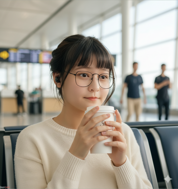 Close-up cinematic portrait of a young woman (use uploaded face) sitting by the gate waiting area, wearing light makeup, wireless earphones, and holding a coffee cup.Lighting: diffused daylight from large windows, warm tones on face. Expression: relaxed, thoughtful. Background: bokeh of moving passengers and flight screens. Mood: calm, cinematic storytelling.