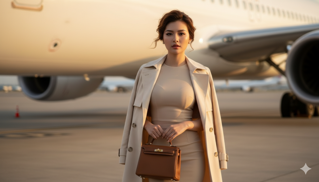 khuôn mặt dựa trên ảnh tham khảo). Đảm bảo khuôn mặt vẫn nhất quán 100% với người trong ảnh đã tải lên, không thay đổi cấu trúc khuôn mặt, mắt, mũi, miệng, tông màu da hoặc kiểu tóc. Chất lượng ảnh 8k. Cinematic realism. Độ chân thực đẳng cấp chuyên nghiệp, màu sắc rực rỡ, chủ thể được lấy nét sắc nét, độ phân giải 8K, tỷ lệ khung hình 9:16.Tạo cho tôi ảnh với miêu tả như sau. Góc chụp rõ mặt cô ấy
Chi tiết máy ảnh: Góc máy và ống kính:
Chụp chân dung bằng ống kính 85mm f/1.4, ngang tầm mắt, hơi nghiêng . Chủ thể được lấy nét sắc nét, hậu cảnh hơi mờ (bokeh), ánh sáng tự nhiên chân thực, mang lại chiều sâu và chiều sâu cho hình ảnh như một nhiếp ảnh gia chuyên nghiệp. Cô gái mặc đầm ôm màu beige cực sang, khoác trench coat dài màu kem.
Tóc nâu ngắn gợn sóng xếp lớp cực đẹp, makeup đậm, cầm túi Hermes màu nâu.
Đứng bên hông 1 máy bay boeing trong bãi đáp máy bay của sân bay , ánh nắng vàng chiều chiếu vào tạo aura cực giàu. Xa xa là các ảnh mờ của các máy bay khác đang đậu
Tone ảnh ấm, quyền lực, đẳng cấp.
