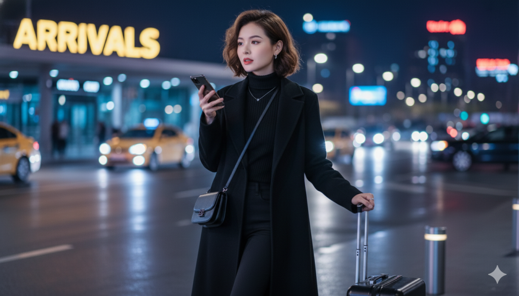 khuôn mặt dựa trên ảnh tham khảo). Đảm bảo khuôn mặt vẫn nhất quán 100% với người trong ảnh đã tải lên, không thay đổi cấu trúc khuôn mặt, mắt, mũi, miệng, tông màu da hoặc kiểu tóc. Chất lượng ảnh 8k. Cinematic realism. Tạo cho tôi ảnh với miêu tả như sau. Siêu chi tiết. Siêu thực tế. Một người phụ nữ sành điệu vừa đến một đất nước mới vào ban đêm. Trang phục: áo khoác len đen dài có cấu trúc; cổ lọ đen có gân; quần bó sát; bốt da đến mắt cá chân; túi da đeo chéo nhỏ. Phụ kiện: trang sức bạc mỏng, điện thoại trên tay. Tóc: hơi rối "tóc du lịch", vén ra sau một bên tai. Trang điểm: trang điểm nhẹ nhàng ban đêm — son môi hơi phai, kết cấu trang điểm chân thực, nhẹ nhàng dưới mắt. Tư thế: thư giãn nhưng thanh lịch, đứng gần làn đón taxi với vali bên cạnh. Cảnh: biển báo ARRIVALS phát sáng ở sân bay, vỉa hè ướt phản chiếu, đèn đêm thành phố ở phía sau. Ánh sáng: ánh sáng ban đêm tông lạnh điện ảnh, phản chiếu nhẹ nhàng, ánh sáng neon tinh tế. Máy ảnh: chụp 3/4, ghi lại phong cách đường phố, tính thẩm mỹ cao.