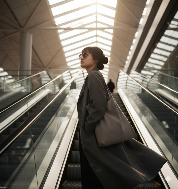 Cinematic side view of a young woman (use uploaded face) on an escalator at the airport, sunlight streaming through the glass ceiling above.She carries a tote bag and wears round sunglasses, long coat slightly flowing. Background: structural architecture lines, bright highlights. Mood: calm sophistication, travel anticipation, motion aesthetic.