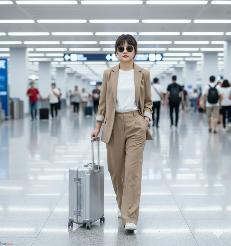 Full-body cinematic shot of a young woman (use uploaded face) walking confidently through the airport hallway, pulling a sleek silver suitcase.Outfit: chic travel set (blazer + trousers + sneakers). Lighting: bright indoor airport light with reflections on polished floor. Background: blurred crowd and flight gates. Mood: dynamic, stylish, modern traveler aesthetic.