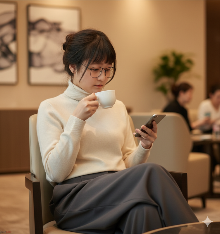 Cinematic portrait of a young woman (use uploaded face) sitting in an airport business lounge, sipping coffee and checking her phone.Lighting: warm golden light, cozy atmosphere, blurred background of modern furniture. Outfit: elegant yet relaxed (cashmere sweater, wide-leg pants). Mood: luxury, peaceful, refined. Keywords: premium travel, modern minimalism, cinematic warmth.
