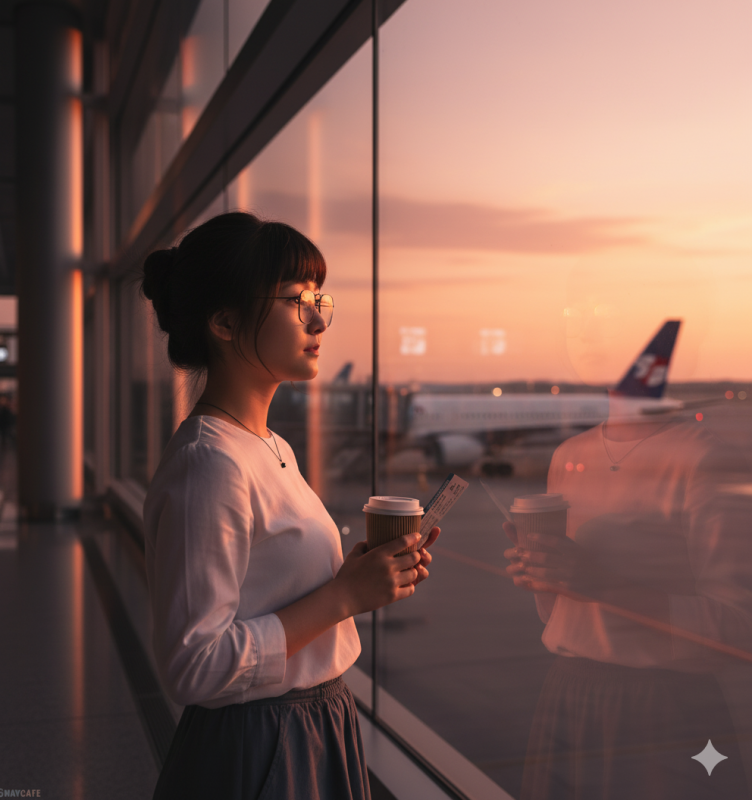 Ultra-realistic cinematic shot of a young woman (use uploaded face) standing by a large glass wall, looking out at the airplane during sunset.Orange and pink light reflects on the glass and floor. She holds her boarding pass and coffee cup, expression soft and dreamy. Lighting: warm sunset glow, cinematic golden tones. Mood: wanderlust, quiet reflection, emotional travel story