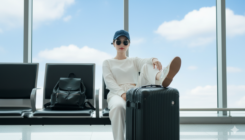 khuôn mặt dựa trên ảnh tham khảo). Đảm bảo khuôn mặt vẫn nhất quán 100% với người trong ảnh đã tải lên, không thay đổi cấu trúc khuôn mặt, mắt, mũi, miệng, tông màu da hoặc kiểu tóc. Chất lượng ảnh 8k. Cinematic realism. Độ chân thực đẳng cấp chuyên nghiệp, màu sắc rực rỡ, chủ thể được lấy nét sắc nét, độ phân giải 8K, tỷ lệ khung hình 9:16.Tạo cho tôi ảnh với miêu tả như sau. Góc chụp rõ mặt cô ấy
Chi tiết máy ảnh: Góc máy và ống kính:
Chụp chân dung bằng ống kính 85mm f/1.4, ngang tầm mắt, hơi nghiêng . Chủ thể được lấy nét sắc nét, hậu cảnh hơi mờ (bokeh), ánh sáng tự nhiên chân thực, mang lại chiều sâu và chiều sâu cho hình ảnh như một nhiếp ảnh gia chuyên nghiệp.
Một cô gái ngồi thoải mái trên hàng ghế chờ sân bay.
Cô mặc set đồ thể thao trắng gồm áo croptop dài tay và quần dài cùng chất liệu waffle mềm.
Cô đội mũ lưỡi trai màu xanh đậm, đeo kính râm gọng tròn tạo nét cá tính.
Một chân cô gác lên vali kéo màu đen xước dọc sang trọng, chân còn lại thả lỏng.
Cạnh ghế là balô da đen đặt gọn gàng.
Phía sau là cửa kính lớn với bầu trời xanh trong, mây trắng bồng bềnh. Ánh sáng tự nhiên làm toàn cảnh sáng tinh khôi và hiện đại.