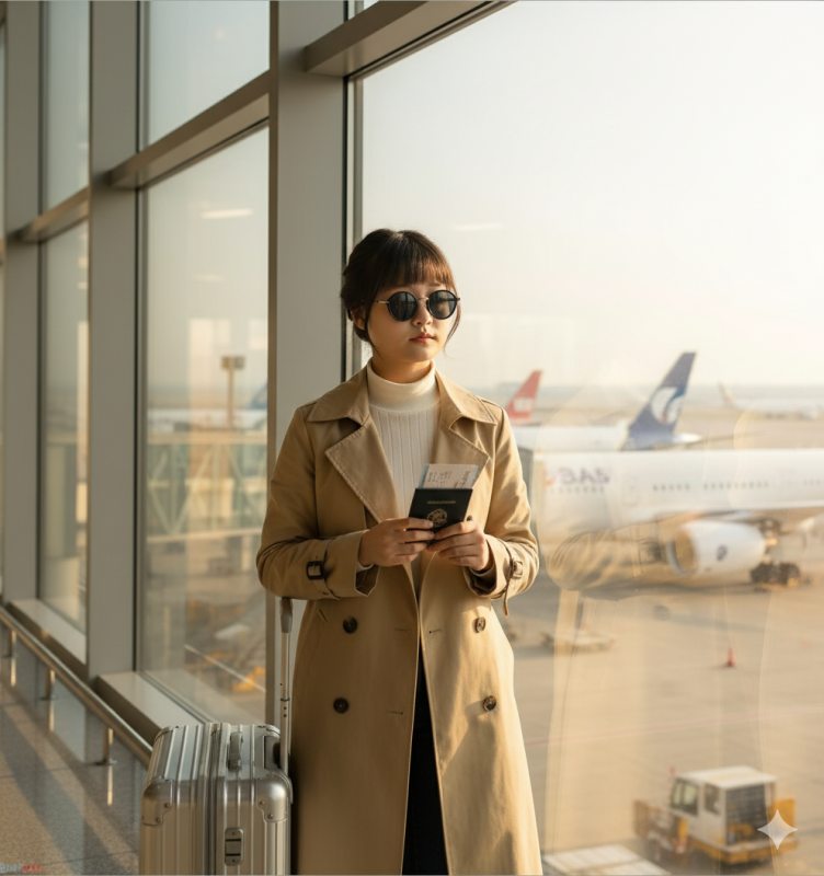Ultra-realistic cinematic photo of a young woman (use uploaded face) standing near the airport terminal window, holding her passport and boarding pass.She wears a beige trench coat, white turtleneck, black sunglasses, and carries a designer suitcase. Background: airplanes visible through the glass, sunlight streaming in. Lighting: soft morning light with reflections on glass. Mood: calm, elegant, anticipation before flight.