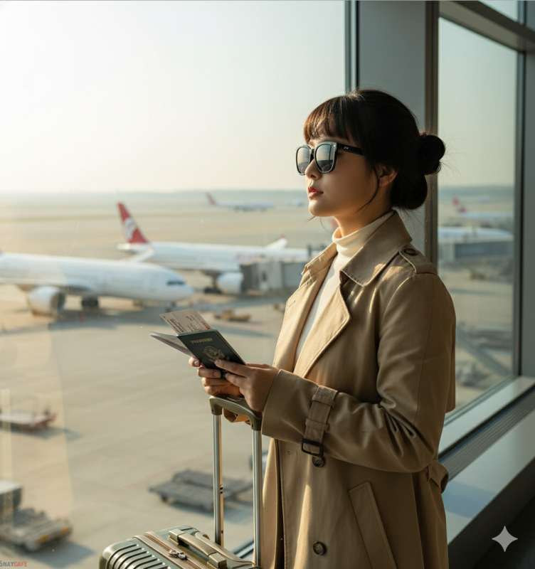 Ultra-realistic cinematic photo of a young woman (use uploaded face) standing near the airport terminal window, holding her passport and boarding pass.She wears a beige trench coat, white turtleneck, black sunglasses, and carries a designer suitcase. Background: airplanes visible through the glass, sunlight streaming in. Lighting: soft morning light with reflections on glass. Mood: calm, elegant, anticipation before flight.