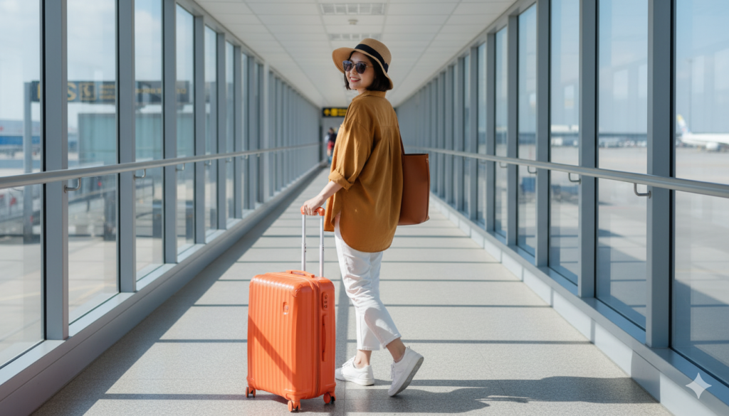 Tạo ảnh tại sân bay cho ảnh tải lênCô phối đồ cực retro:
• Áo sơmi oversize màu mustard
• Quần trắng
• Giày thể thao trắng
• Túi tote da lớn màu nâu
• Mũ rộng vành và mắt kính râm
Vali màu cam tươi vs hoạ tiết vân chìm lập thể độc đáo, nổi bật nhất bức ảnh.
Cô đang bước đi trong đường hầm bằng kính từ sân bay dẫn lối lên máy bay , ánh nắng chiếu qua tạo bóng sọc đẹp mắt.
Pthu. khuôn mặt dựa trên ảnh tham khảo). Đảm bảo khuôn mặt vẫn nhất quán 100% với người trong ảnh đã tải lên, không thay đổi cấu trúc khuôn mặt, mắt, mũi, miệng, tông màu da hoặc kiểu tóc. Chất lượng ảnh 8k. Cinematic realism. Độ chân thực đẳng cấp chuyên nghiệp, màu sắc rực rỡ, chủ thể được lấy nét sắc nét, độ phân giải 8K, tỷ lệ khung hình 9:16.
Tạo cho tôi ảnh với miêu tả như sau. Góc chụp rõ mặt cô ấy
Chi tiết máy ảnh: Góc máy và ống kính: chụp từ phía sau tới. Cô ấy đang kéo vali đi và ngoái nhìn về ống kính
Chụp chân dung bằng ống kính 85mm f/1.4, ngang tầm mắt . Chủ thể được lấy nét sắc nét, hậu cảnh hơi mờ (bokeh), ánh sáng tự nhiên chân thực, mang lại chiều sâu và cho hình ảnh như một nhiếp ảnh gia chuyên nghiệp.