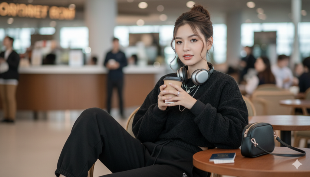 khuôn mặt dựa trên ảnh tham khảo). Đảm bảo khuôn mặt vẫn nhất quán 100% với người trong ảnh đã tải lên, không thay đổi cấu trúc khuôn mặt, mắt, mũi, miệng, tông màu da hoặc kiểu tóc. Chất lượng ảnh 8k. Cinematic realism. Tạo cho tôi ảnh với miêu tả như sau. Siêu chi tiết. Một người phụ nữ sành điệu đang ngồi trong quán cà phê sân bay trong thời gian quá cảnh. Trang phục: áo nỉ đen ôm sát, dáng thoải mái; quần jogger ống rộng cạp cao màu đen cùng tông; tai nghe chống ồn dày đeo quanh cổ; vòng cổ nhiều lớp bạc; nhẫn bạc sáng màu; túi đeo vai mini màu đen đặt bên cạnh. Tóc: búi cao, tóc buông xõa ôm lấy khuôn mặt. Trang điểm: kem nền lì mềm mại, phấn mắt nâu ấm áp, kẻ mắt cánh chim sắc nét, môi bóng màu be đầy đặn. Tư thế: ngồi thoải mái, một chân bắt chéo, hai tay cầm ly latte gần ngực như thể đang sưởi ấm những ngón tay. Biểu cảm bình tĩnh và thanh thản, nụ cười nhẹ nhàng. Bối cảnh: góc quán cà phê sân bay sành điệu, bàn gỗ tròn nhỏ, hộ chiếu + thẻ lên máy bay được đặt trên bàn. Hành khách mờ ảo trong nền. Ánh sáng: ánh sáng cà phê kem dịu nhẹ + ánh sáng ban ngày hòa quyện, bóng đổ nhẹ nhàng, tông màu trung tính ấm áp. Máy ảnh: 3/4 cảnh trung cảnh, độ sâu của ảnh, hiệu ứng bokeh ấm áp.