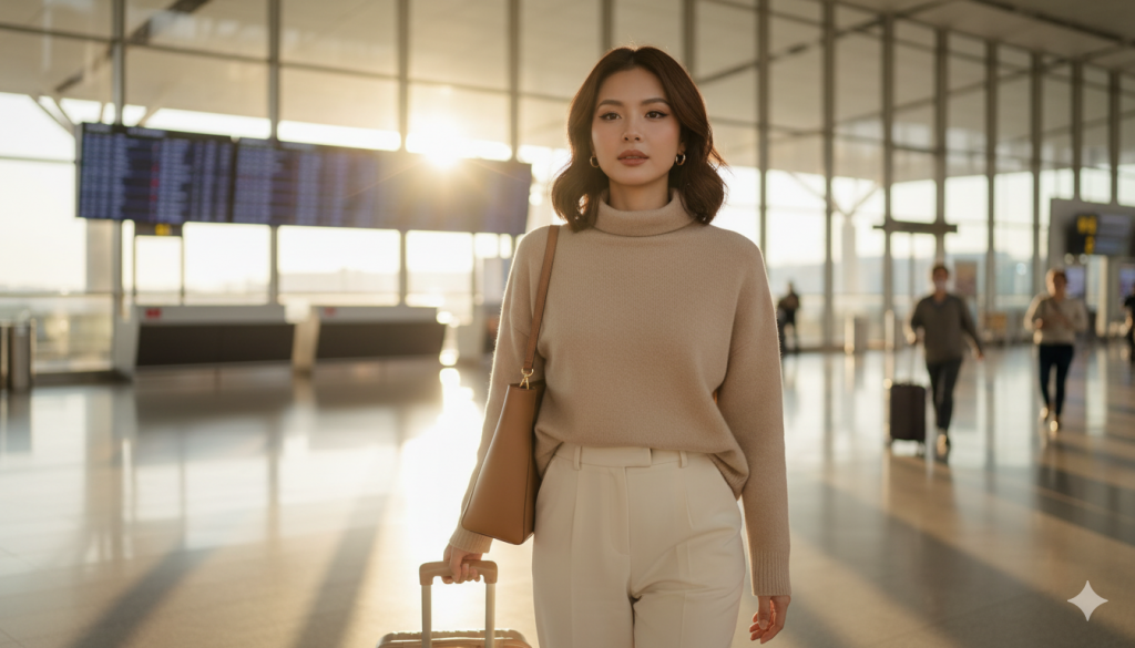 khuôn mặt dựa trên ảnh tham khảo). Đảm bảo khuôn mặt vẫn nhất quán 100% với người trong ảnh đã tải lên, không thay đổi cấu trúc khuôn mặt, mắt, mũi, miệng, tông màu da hoặc kiểu tóc. Chất lượng ảnh 8k. Cinematic realism. Tạo cho tôi ảnh với miêu tả như sau. Góc chụp rõ mặt cô ấy. Siêu chi tiết. Một người phụ nữ tuyệt đẹp sải bước tự tin bên trong nhà ga sân bay hiện đại. Trang phục: áo len cổ lọ cashmere màu be rộng rãi, mềm mại, hơi sơ vin ở phía trước; quần dài cạp cao màu kem được may đo gọn gàng; giày thể thao da trắng tối giản; túi tote da rám nắng có cấu trúc trên vai; hoa tai tròn nhỏ bằng vàng; nhẫn cưới vàng đơn giản. Tóc: Tóc mềm mại, những lọn tóc ôm sát khuôn mặt, tông màu nâu sô cô la ấm áp. Trang điểm: "ánh sáng của cô gái trong trẻo" - làn da ẩm mượt, má hồng nhẹ nhàng, lông mày sắc nét, kẻ mắt tinh tế, môi màu be satin, highlight nhẹ nhàng trên gò má. Tư thế: bước nhẹ nhàng về phía trước trong khi tay phải kéo nhẹ một chiếc vali cứng màu be, tư thế thư thái nhưng thanh lịch. Bối cảnh: cửa sổ kính suốt từ sàn đến trần với ánh sáng bình minh ấm áp tràn vào; màn hình máy bay ở phía sau hơi mờ; bóng của những hành khách đang di chuyển ngang qua. Ánh sáng: ánh sáng vàng ấm áp tự nhiên của buổi sáng, bóng đổ mềm mại, hiệu ứng flare ống kính tinh tế, mơ màng. Tâm trạng: bình yên, sang trọng, tinh tế. Máy ảnh: Thân máy 3/4, ống kính 85mm, độ sâu trường ảnh nông, độ chân thực sắc nét đậm chất điện ảnh và hiệu ứng bokeh hậu cảnh mềm mại. Đáng để đăng lên Pinterest.