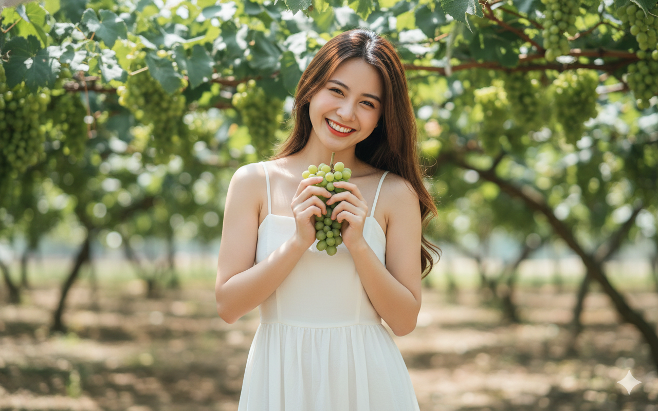 Tạo bức ảnh 8k, giữ mọi đường nét, vector khuôn mặt ảnh tham chiếu 100%, face priority MAX, identity lock; ảnh dọc 9:16, trong veo, tươi sáng. Nhân vật cười tươi rực rỡ, nắng. Ánh sáng đẹp hắt nhẹ lên mái tóc, bảo toàn mọi đường nét, kết cấu da và biểu cảm tự nhiên của nhân vật.Vườn nho xanh mát tại Ninh Thuận, giàn nho sai trĩu quả, ánh nắng tự nhiên tươi sáng xuyên qua tán lá, không khí vui vẻ, tràn đầy sức sống. Nhân vật nữ trẻ trung, đáng yêu, năng lượng tích cực, cảm giác du lịch rất đời và rất thật. Trang phục cố định: váy hai dây mảnh, cổ ngang thẳng (straight neckline), dáng chữ A, chất liệu vải mềm rủ nhẹ, màu trắng ngà (ivory), phong cách nữ tính – thanh thoát – đúng mẫu váy tham chiếu. Tóc cố định: tóc dài xõa tự nhiên, mềm mại, hơi uốn nhẹ ở đuôi, màu nâu tự nhiên. Tạo dáng: cầm chùm nho trước ngực, che miệng cười hoặc nheo mắt tinh nghịch, hai tay đều nằm gọn trong khung hình, cử chỉ tự nhiên, không gượng. Bố cục chân dung dọc 9:16, màu sắc sáng rõ, hậu cảnh mờ nhẹ, cảm giác rất viral trên mạng xã hội.