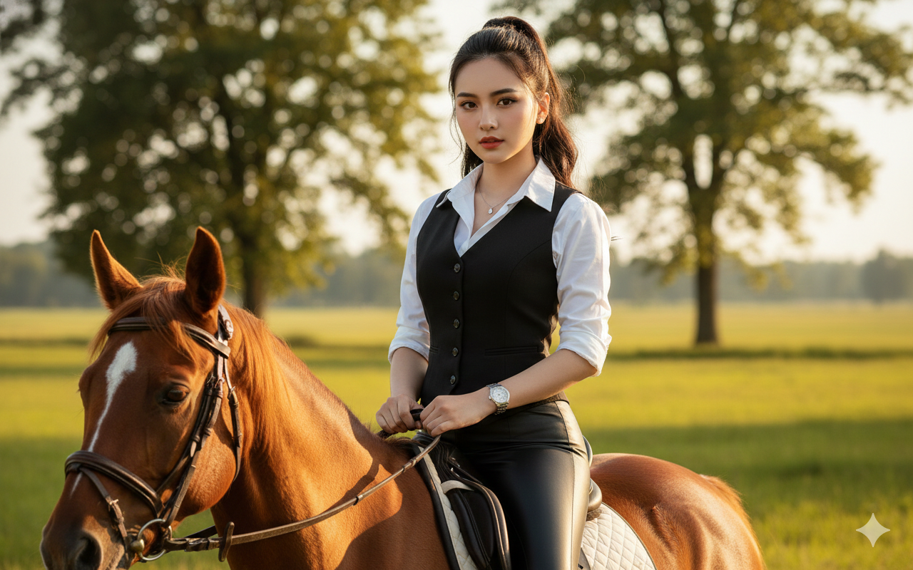 Create an image of a beautiful young woman with sharp, well-defined facial features. She has fair, healthy-looking skin, slightly rosy cheeks, smooth and radiant complexion, and full lips in a natural pinkish-red tone. Her eyes are large, sharp, and expressive, with deep dark-brown irises that sparkle. Her face has a balance of sharpness and softness, giving her an elegant, mature charm—graceful and captivating. She wears her long hair in a high ponytail, with a few loose strands framing her face. Soft sunlight hits her hair, making it look glossy and shiny.She is sitting astride a large, healthy bay horse (reddish-brown coat). The horse has a beautiful, shiny coat, upright ears, and clear, bright eyes. It wears a high-quality dark-brown leather bridle and saddle, with a cream-to-light-brown saddle pad. The woman is dressed in a clean white shirt made of cotton or high-quality fabric, with long sleeves rolled slightly up to the elbows. The shirt is unbuttoned at the top 2–3 buttons, giving a relaxed yet elegant look. Over it, she wears a solid black vest with a refined texture and luxurious tailoring, featuring six front buttons in silver or glossy black, and no lapels. She pairs this with tight-fitting, jet-black long pants made of synthetic leather or a stretchy blended fabric, with a subtle sheen that accentuates her long, slender legs. Elegant, minimalist accessories: a thin necklace with a small heart- or teardrop-shaped pendant; a single white pearl or small diamond stud earring on each ear; and a large wristwatch in silver or gold with a dark-colored dial. Her posture is graceful and confident. Her right hand loosely holds the dark-brown leather reins, while her left hand rests naturally on her thigh or the saddle. Her back is straight, shoulders slightly open. She looks directly at the camera with a sharp, steady gaze—calm and composed—with a faint smile, just slightly lifting the corners of her lips. The overall feeling is noble, mysterious, and highly self-confident. The background is an open grassland during late afternoon or early evening. Warm sunlight filters through the leaves of large trees behind her. The field is green with hints of yellow, dotted with large trees spaced far apart. The sky is clear near the horizon. The atmosphere feels warm, refined yet simple, naturally beautiful, and uncluttered. Image style: natural lighting, high sharpness, clearly visible skin and fabric details, realistic colors with slightly rich saturation, high-fashion photography, cinematic, 8K, ultra-detailed, realistic, with a face resembling the original subject.