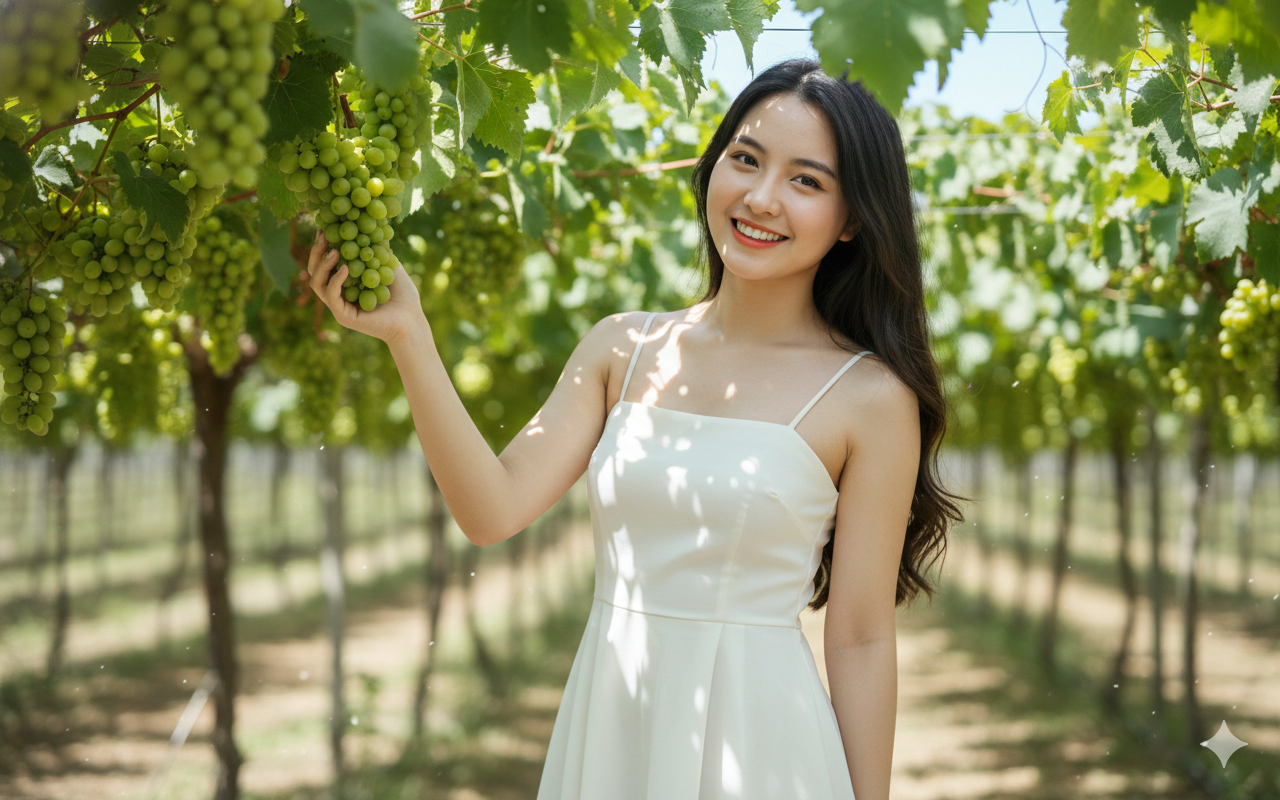 Tạo bức ảnh 8k, giữ mọi đường nét, vector khuôn mặt ảnh tham chiếu 100%, face priority MAX, identity lock; ảnh dọc 9:16, trong veo,tươi sáng.Nhân vật cười tươi rực rỡ,nắng.ánh sáng đẹp hắt nhẹ lên mái tóc.bảo toàn mọi đường nét, kết cấu da và biểu cảm tự nhiên của nhân vậtVườn nho xanh mướt, giàn nho sai trĩu quả, ánh nắng xuyên qua tán lá, không khí trong lành. Nhân vật nữ dịu dàng, trẻ trung, cảm giác du lịch đời thường rất thật. Trang phục: váy hai dây mảnh, cổ ngang thẳng, dáng chữ A, màu trắng ngà, vải mềm rủ tự nhiên. Tóc: tóc dài xõa tự nhiên, hơi uốn nhẹ, mềm mại. Tạo dáng bán thân, một tay chạm nhẹ chùm nho, tay còn lại thả lỏng, nhìn camera cười tươi.