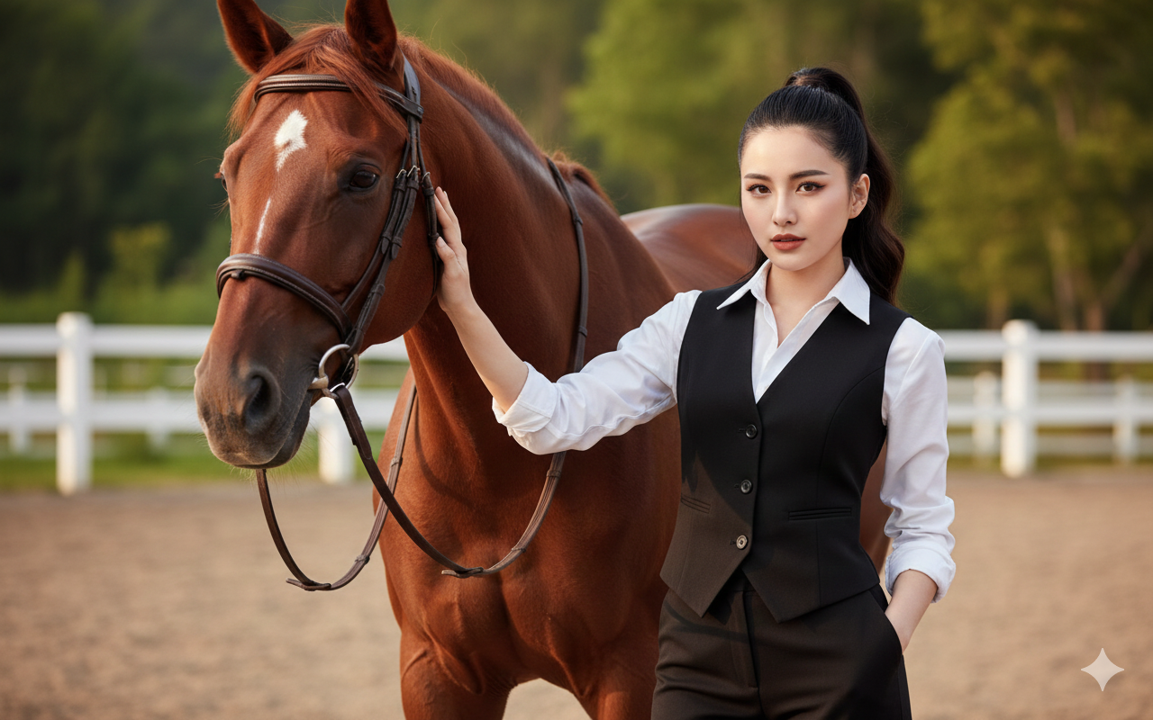 Create a realistic-style photograph, high quality, 4K resolution, with natural lighting.A young woman with fair skin and a soft pink undertone, featuring sharp and beautiful facial features with a beauty-queen-level sweetness, and an elegant, mature charm. She has long hair tied in a high ponytail, with a few loose strands falling in front of her face. Her makeup is natural: smooth, clear skin; brownish-pink lipstick; well-defined, symmetrical eyes with thin eyeliner; and mascara emphasizing long, curled eyelashes. She wears a clean white shirt made of high-quality cotton, with long sleeves rolled up slightly 2–3 folds. Over it, she wears a jet-black vest in a refined, elegant, and formal cut, with no front buttons and small side pockets. She pairs this with straight-cut long trousers in the same black color as the vest, made of premium suit fabric, giving a luxurious and minimalist look. She stands beside a large, healthy bay horse (reddish-brown coat) with a glossy sheen. The horse has a deep reddish-brown coat and a small white star on its forehead. The horse wears a dark-brown leather bridle. The horse’s head is positioned on the left side of the frame, while the woman stands on the right. The woman gently strokes and softly cups the horse’s left cheek and cheekbone with her left hand, her palm lightly touching the horse’s coat, expressing tenderness. Her right hand rests lightly on the horse’s neck or naturally by her side. She looks directly at the camera with a calm, confident gaze, wearing a faint, gentle smile that feels soft yet dignified. The background is a horse training arena in the evening. Soft sunlight filters through white wooden fences and lush green trees. The ground is sandy, typical of a riding arena. The atmosphere is calm, warm, elegant, and refined. Camera angle at eye level, close half-body shot, emphasizing the main subject and the horse clearly. The composition is balanced, with the woman and the horse slightly right of center. Image style: high-quality fashion editorial, cinematic lighting, realistic skin texture, sharp details, slightly shallow depth of field to highlight the main subjects, with the face resembling the original subject.