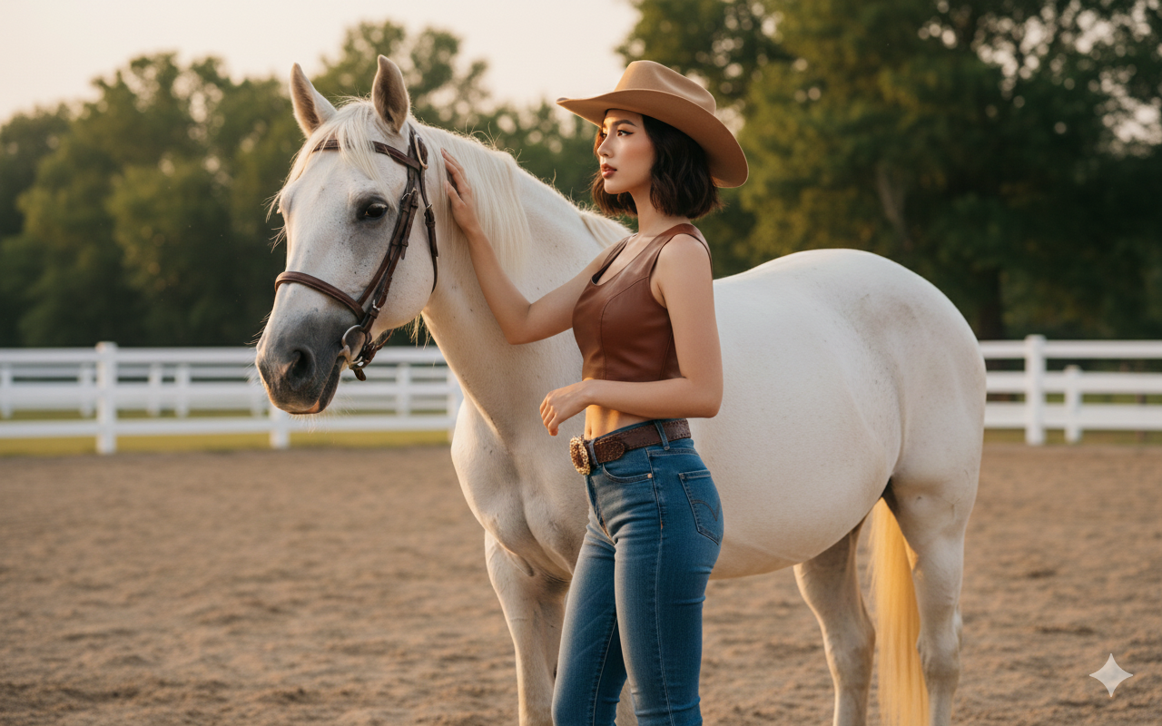 Create a realistic-style photograph, high quality, 4K resolution, cinematic natural lighting.A young Vietnamese woman, face matching the original subject with 90–95% similarity, same facial structure and skin texture. Short softly wavy shoulder-length hair, tan cowboy hat. Natural refined makeup: clean skin, thin eyeliner, long curled lashes, soft blush, nude-brown lips. She wears the same brown leather sleeveless crop top, blue denim jeans, brown leather belt with large ornate gold buckle, and dark brown cowboy boots with spurs. Side-profile composition: the woman stands slightly angled, her face turned in profile, gently touching the same white horse’s neck. The horse stands calmly beside her. Evening horse arena background, sandy ground, white fences, green trees, warm sunlight glow. Cinematic fashion editorial mood, shallow depth of field, sharp details. Ultra-realistic, professional photography. no outfit change, no hairstyle change, no horse change, consistent identity, same cowgirl outfit