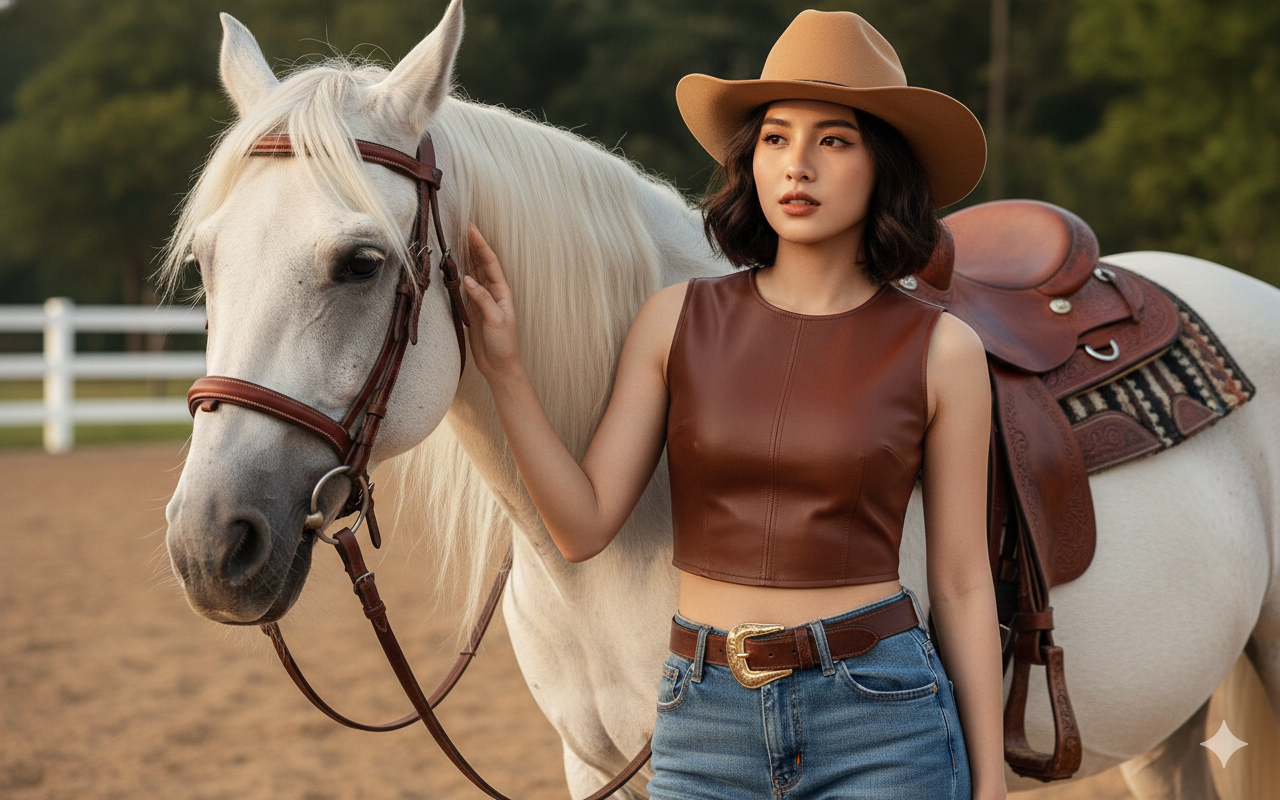 Create a high-quality realistic photograph, 4K resolution, cinematic natural lighting, professional fashion editorial.Close-up half-body shot of a young Vietnamese woman whose face matches the original reference subject at 90–95% similarity, with the same facial structure, proportions, and realistic skin texture. Consistent identity. She has short, softly wavy shoulder-length hair with natural movement, wearing the same tan cowboy hat with a simple dark band. Her makeup is refined natural Vietnamese style: smooth clear skin, thin precise eyeliner, well-defined symmetrical eyes, long curled eyelashes, soft neutral blush, muted nude-brown lips. No heavy makeup. She wears the exact same cowgirl outfit as in prompts 1, 2, and 3: a fitted brown leather sleeveless crop top with a clean front seam, mid-rise blue denim jeans, a brown leather belt with a large ornate gold western buckle, and dark brown leather cowboy boots with visible metal spurs (boots present but partially out of frame due to the close-up composition). She stands beside the same majestic white horse with a flowing white mane and tail, wearing the same brown leather bridle and detailed western saddle. Focus on her left hand gently cupping and stroking the horse’s cheek, showing clear skin texture, leather texture, and horse coat details. Her expression is soft, calm, confident, and emotionally connected. Background: evening horse training arena, sandy ground, white wooden fences, lush green trees softly blurred. Shallow depth of field, warm cinematic glow. Ultra-realistic, sharp focus, cinematic editorial photography. no outfit change, no hairstyle change, no horse change, consistent identity, same cowgirl outfit