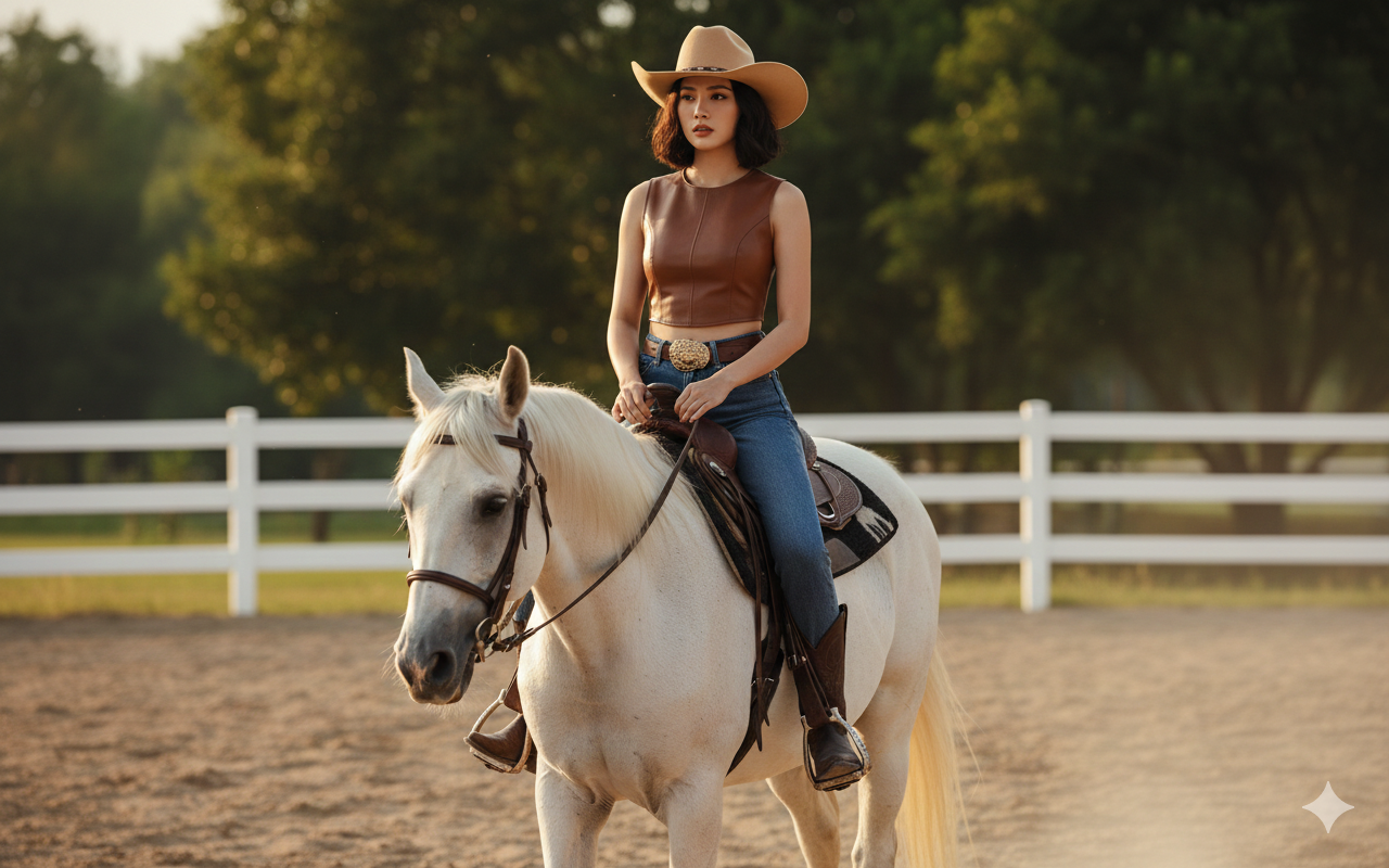 Create a realistic-style photograph, high quality, 4K resolution, cinematic natural lighting, professional fashion editorial.A young Vietnamese woman with facial features closely matching the original reference subject at 90–95% similarity. Same face structure, same proportions, realistic skin texture, consistent identity. She has the exact same hairstyle as in prompts 1 and 2: short, softly wavy shoulder-length hair with natural movement, worn under the same tan cowboy hat with a simple dark band. No hairstyle variation. Her makeup is refined natural Vietnamese style, identical to prompts 1 and 2: smooth clear skin, thin precise eyeliner, well-defined symmetrical eyes, long curled eyelashes, soft neutral blush, muted nude-brown lips. No heavy makeup. She wears the exact same cowgirl outfit as in prompts 1 and 2: a fitted brown leather sleeveless crop top with a clean front seam, mid-rise blue denim jeans, a brown leather belt with a large ornate gold western buckle, and dark brown leather cowboy boots with visible metal spurs. She is riding the same white horse calmly inside a horse training arena. The horse walks slowly, dust lightly rising from the sandy sandy ground. She sits upright in the same western saddle, posture confident, composed, and elegant. Evening light filters through white wooden fences and lush green trees, creating a warm, calm, and refined atmosphere. Eye-level camera angle, half-body riding shot, balanced composition, shallow depth of field. Ultra-realistic, sharp focus, cinematic fashion editorial photography. no outfit change, no hairstyle change, no horse change, consistent identity, same cowgirl outfit