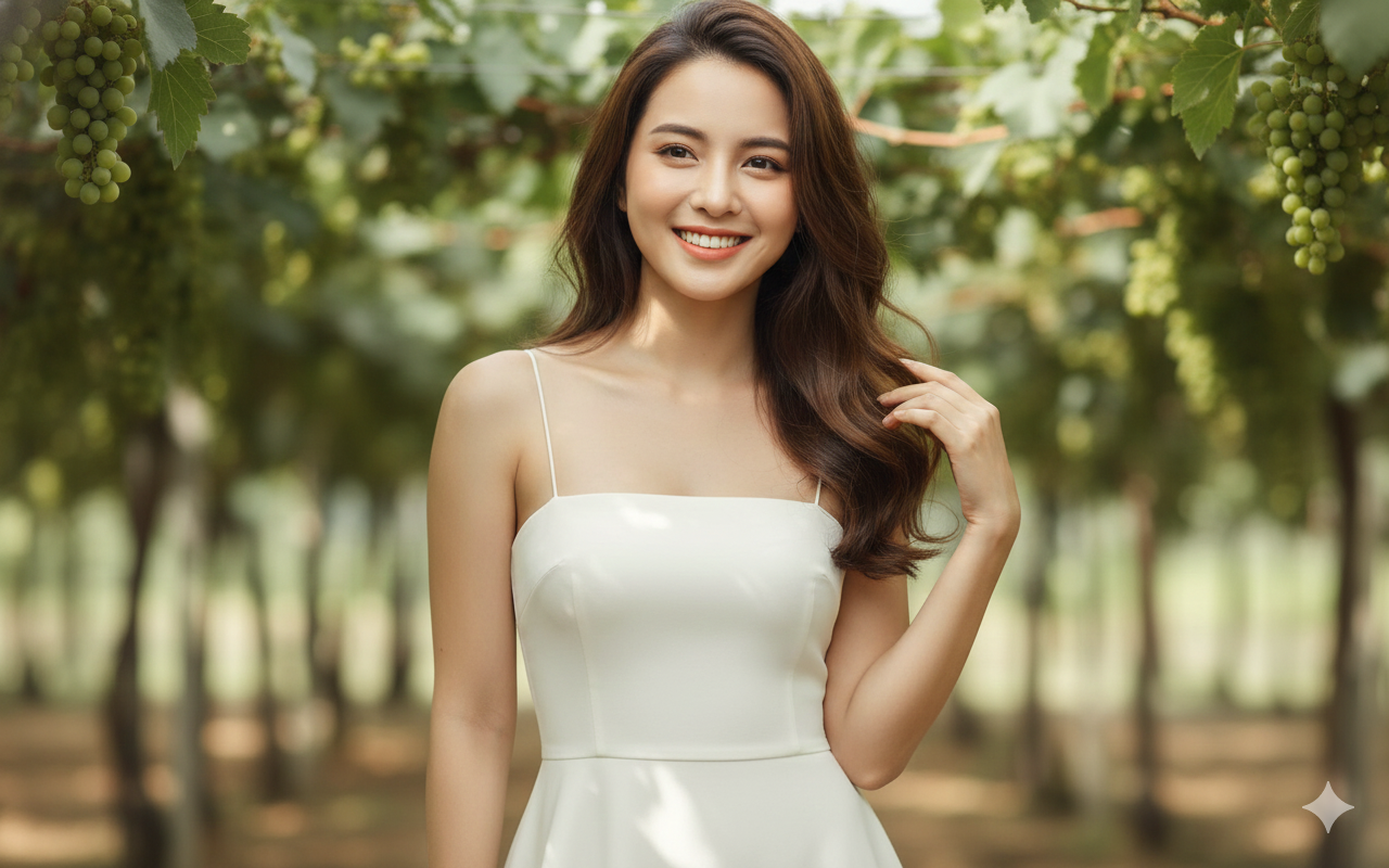 Tạo bức ảnh 8k, giữ mọi đường nét, vector khuôn mặt ảnh tham chiếu 100%, face priority MAX, identity lock; ảnh dọc 9:16, trong veo, tươi sáng. Nhân vật cười tươi rực rỡ, nắng. Ánh sáng đẹp hắt nhẹ lên mái tóc, bảo toàn mọi đường nét, kết cấu da và biểu cảm tự nhiên của nhân vật.Giàn nho xanh làm nền tối giản, ánh sáng dịu, không gian sạch, sang và tinh tế, phù hợp phong cách thời trang. Nhân vật nữ mang thần thái editorial, hiện đại, thanh lịch. Trang phục cố định: váy hai dây mảnh, cổ ngang thẳng, phom chữ A, màu trắng ngà, thiết kế tối giản, tôn vai và xương quai xanh, đúng mẫu váy tham chiếu. Tóc cố định: tóc dài xõa tự nhiên, rẽ nhẹ, vào nếp mềm, màu nâu tự nhiên. Tạo dáng: chân dung cận mặt hoặc bán thân, tay chạm nhẹ tóc hoặc chạm nhẹ phần cổ váy, biểu cảm nhẹ nhàng, không gượng, ánh mắt thời trang. Ánh sáng định hướng mềm, tôn đường nét khuôn mặt, hậu cảnh mờ sạch, bố cục dọc 9:16.