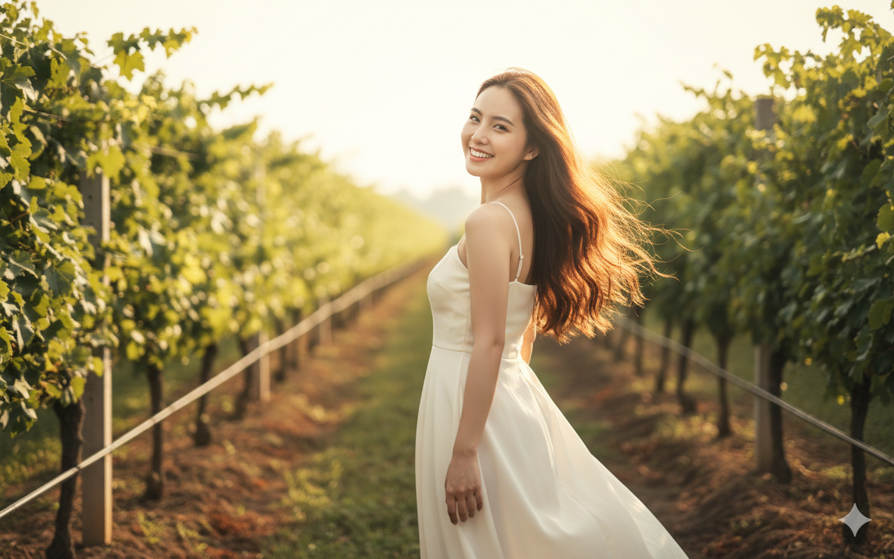 Tạo bức ảnh 8k, giữ mọi đường nét, vector khuôn mặt ảnh tham chiếu 100%, face priority MAX, identity lock; ảnh dọc 9:16, trong veo, tươi sáng. Nhân vật cười tươi rực rỡ, nắng. Ánh sáng đẹp hắt nhẹ lên mái tóc, bảo toàn mọi đường nét, kết cấu da và biểu cảm tự nhiên của nhân vật.Vườn nho rộng tại Ninh Thuận, các luống nho thẳng tắp, nắng vàng chiếu xiên, gió nhẹ tạo chuyển động, không gian nắng gió mang cảm giác điện ảnh và tự do. Nhân vật nữ mang tinh thần du lịch phóng khoáng, tận hưởng thiên nhiên, cảm giác khám phá miền đất mới. Trang phục cố định: váy hai dây mảnh, cổ ngang thẳng (straight neckline), dáng chữ A, chất liệu vải mềm rủ nhẹ, màu trắng ngà (ivory), bay nhẹ theo gió, đúng mẫu váy tham chiếu. Tóc cố định: tóc dài xõa tự nhiên, hơi uốn nhẹ, bay nhẹ trong gió, màu nâu tự nhiên. Tạo dáng: bán thân, bước đi giữa giàn nho, quay lưng nửa người, đầu nghiêng nhẹ, nụ cười tự nhiên, hai tay thả lỏng trong khung hình, chuyển động mềm mại. Ánh sáng ngược dịu, viền tóc và vai nổi sáng, màu sắc cinematic, hậu cảnh mờ nhẹ.