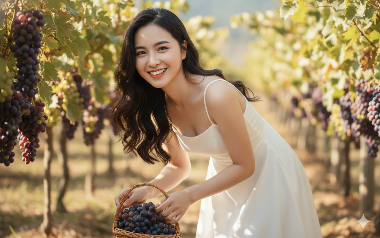 Tạo bức ảnh 8k, giữ mọi đường nét, vector khuôn mặt ảnh tham chiếu 100%, face priority MAX, identity lock; ảnh dọc 9:16, trong veo, tươi sáng. Nhân vật cười tươi rực rỡ, nắng. Ánh sáng đẹp hắt nhẹ lên mái tóc, bảo toàn mọi đường nét, kết cấu da và biểu cảm tự nhiên của nhân vật.Vườn nho vào mùa thu hoạch, chùm nho chín mọng treo trên giàn, ánh nắng tự nhiên rực rỡ, không khí vui tươi và tràn đầy sức sống. Nhân vật nữ gần gũi, thân thiện, cảm giác trải nghiệm du lịch thật, không diễn. Trang phục cố định: váy hai dây mảnh, cổ ngang thẳng, dáng chữ A, chất liệu vải mềm, màu trắng ngà, dễ di chuyển, đúng mẫu váy tham chiếu. Tóc cố định: tóc dài xõa tự nhiên, hơi gợn sóng nhẹ, mềm mại. Tạo dáng: hai tay nâng chùm nho hoặc giỏ nho nhỏ, cúi nhẹ người, cười tươi tự nhiên, cử chỉ đời thường, tay và ngón tay rõ ràng trong khung hình. Bố cục dọc 9:16, màu sắc trái cây nổi bật, hậu cảnh mờ nhẹ tạo chiều sâu.
